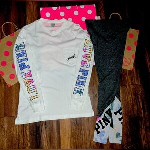 VS PINK RARE HTF WATERCOLOR SET. XS Campus long sleeve tee & S Legging.
